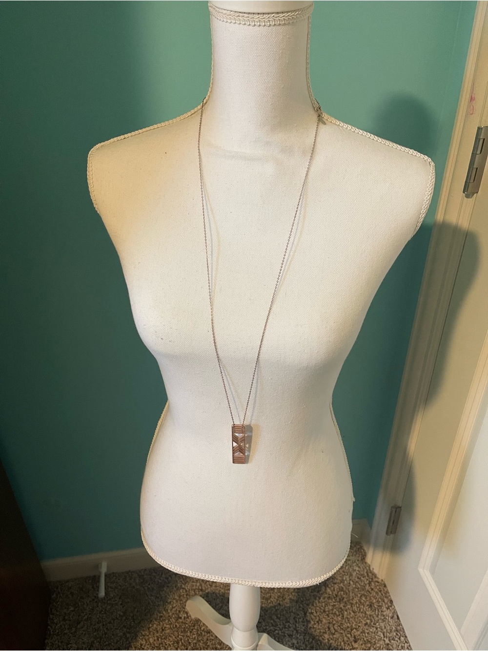 Long Silver Chain Necklace with Rectangular Rose Gold Pendant